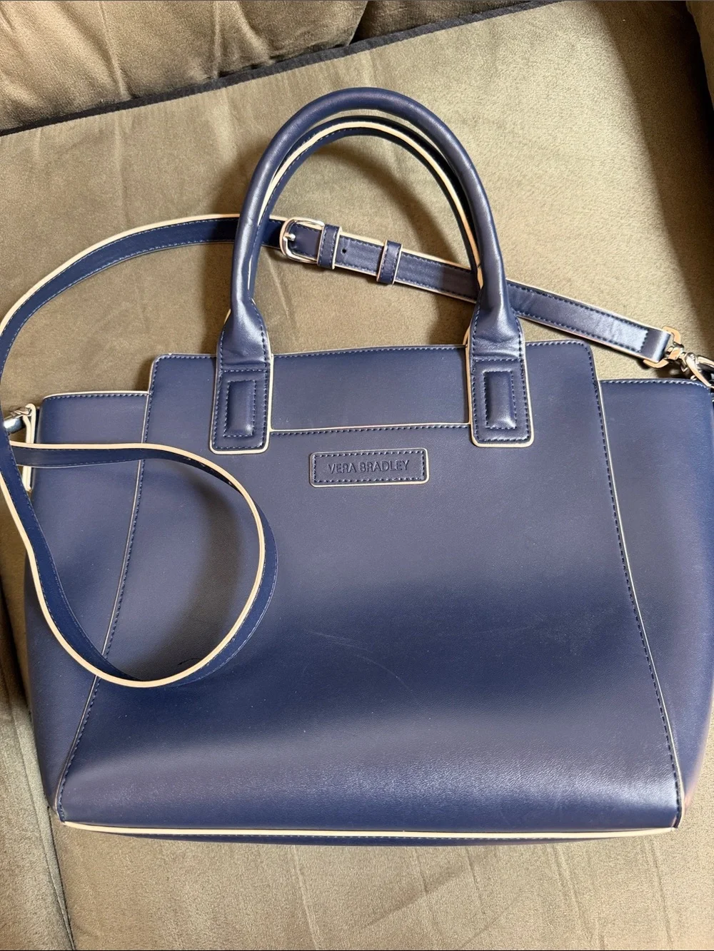 Vera Bradley Navy Structured Vegan Leather Satchel w/ crossbody strap